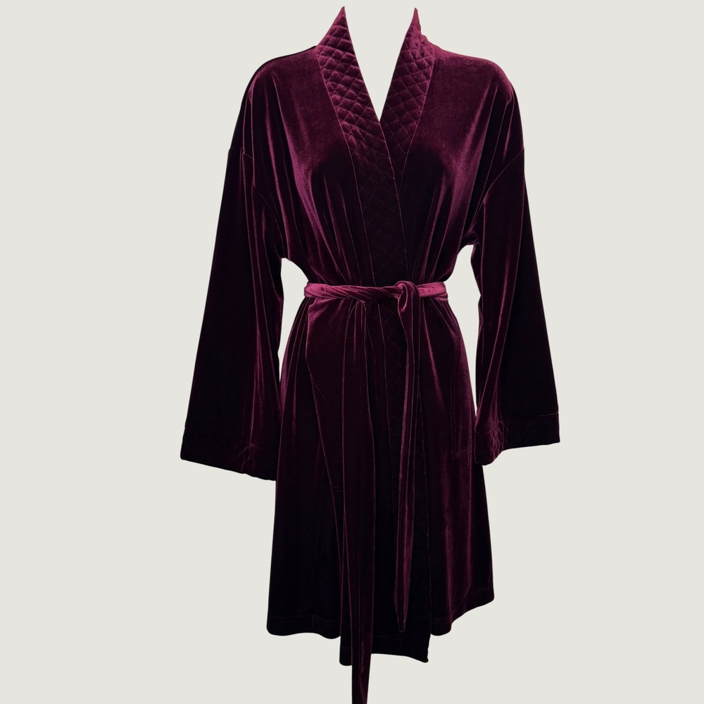Vintage Diamond Tea Velvet Robe M Burgundy Quilted Trim Lounge Luxury Boudoir